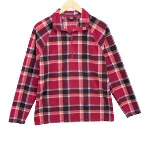Eddie Bauer Plaid Fleece Sweater Womens Purple Pink 1/4 Zip Long Sleeve Size M